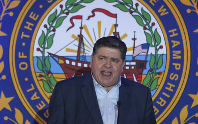 Illinois Gov. J.B. Pritzker speaks during the McIntyre-Shaheen 100 Club Dinner, in Manchester, New Hampshire, April 27, 2025. (Reba Saldanha/AP)