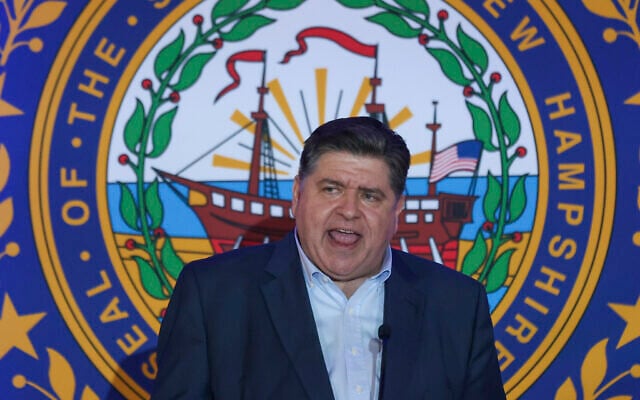 Illinois Gov. J.B. Pritzker speaks during the McIntyre-Shaheen 100 Club Dinner, in Manchester, New Hampshire, April 27, 2025. (Reba Saldanha/AP) Illinois Gov. J.B. Pritzker speaks during the McIntyre-Shaheen 100 Club Dinner, in Manchester, New Hampshire, April 27, 2025. (Reba Saldanha/AP)