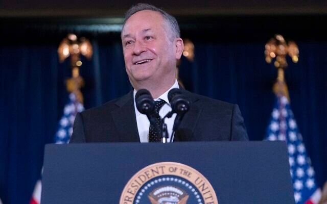 FILE - US Second gentleman Doug Emhoff speaks at the Democratic National Committee's holiday reception at the Willard Hotel in Washington, December 15, 2024. (AP Photo/Jose Luis Magana, File)