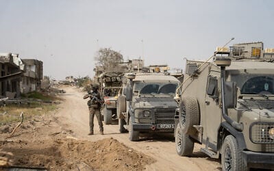 IDF soldiers are seen in the Morag Corridor area of the southern Gaza Strip, between Rafah and Khan Younis, April 9, 2025. (Emanuel Fabian/Times of Israel)