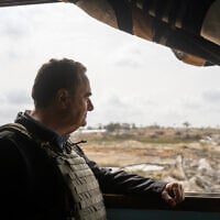 Defense Minister Israel Katz is seen in the Morag Corridor area of the southern Gaza Strip, between Rafah and Khan Younis, April 9, 2025. (Emanuel Fabian/Times of Israel)