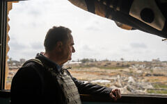 Defense Minister Israel Katz is seen in the Morag Corridor area of the southern Gaza Strip, between Rafah and Khan Younis, April 9, 2025. (Emanuel Fabian/Times of Israel)