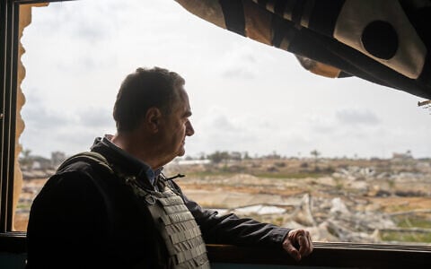 Defense Minister Israel Katz is seen in the Morag Corridor area of the southern Gaza Strip, between Rafah and Khan Younis, April 9, 2025. (Emanuel Fabian/Times of Israel)