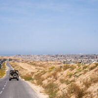 A view of southern Gaza's Rafah from the Philadelphi Corridor, the Egypt-Gaza border area, April 21, 2025. (Emanuel Fabian/Times of Israel)