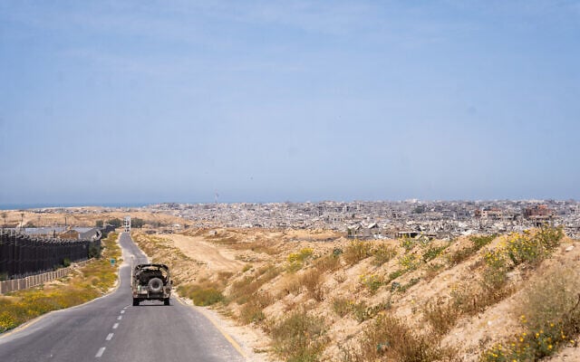 A view of southern Gaza's Rafah from the Philadelphi Corridor, the Egypt-Gaza border area, April 21, 2025. (Emanuel Fabian/Times of Israel)
