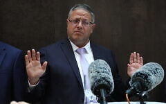 National Security Minister Itamar Ben Gvir at a speaking event in New York City, April 24, 2025. (Luke Tress/Times of Israel)