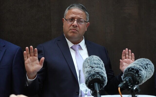 National Security Minister Itamar Ben Gvir at a speaking event in New York City, April 24, 2025. (Luke Tress/Times of Israel)