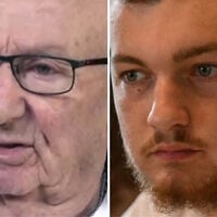 Michael Kupershtein (left), a Holocaust survivor and the grandfather of hostage Bar Kupershtein (right), in a TV interview in February 2024. (Kan news screenshot/Courtesy)