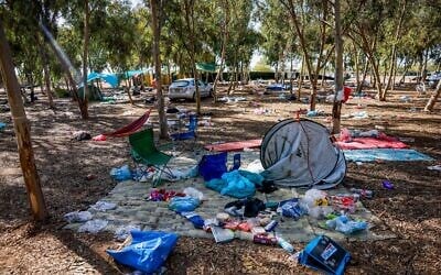 The abandoned site of the Supernova music festival, near Kibbutz Re'im, where Hamas terrorists murdered and abducted numerous partygoers, October 12, 2023. (Chaim Goldberg/Flash90)
