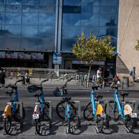 Bicycles outside the Jerusalem Central Bus Station, September 16, 2024 (Chaim Goldberg/Flash90)