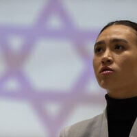Rescued hostage Noa Argamani attends an emergency conference on the medical condition of Israeli hostages in the Gaza Strip at the President Residence in Jerusalem, December 10, 2024. (Oren Ben Hakoon/Flash90)
