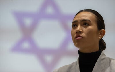 Rescued hostage Noa Argamani attends an emergency conference on the medical condition of Israeli hostages in the Gaza Strip at the President Residence in Jerusalem, December 10, 2024. (Oren Ben Hakoon/Flash90)