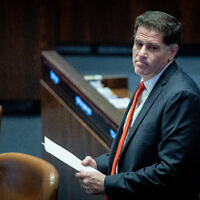 Strategic Affairs Minister Ron Dermer attends a Knesset plenum session in Jerusalem on January 22, 2025. (Yonatan Sindel/Flash90)