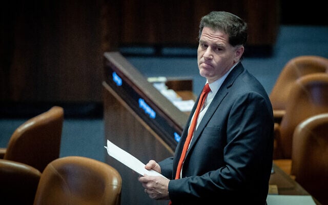 Strategic Affairs Minister Ron Dermer attends a Knesset plenum session in Jerusalem on January 22, 2025. (Yonatan Sindel/Flash90)