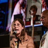 Idit Ohel, mother of hostage Alon Ohel, speaks during a rally calling for the release of Israelis held hostage by Hamas terrorists in Gaza, at Hostage Square in Tel Aviv, March 8, 2025. (Avshalom Sassoni/Flash90)
