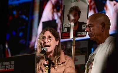 Idit Ohel, mother of hostage Alon Ohel, speaks during a rally calling for the release of Israelis held hostage by Hamas terrorists in Gaza, at Hostage Square in Tel Aviv, March 8, 2025. (Avshalom Sassoni/Flash90)