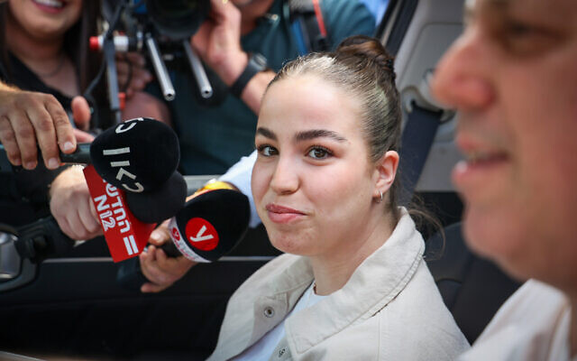 Freed hostage Agam Berger returns to her home in Holon, March 14, 2025. (Jonathan Shaul/Flash90)