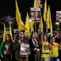 Family members of hostage Bar Kupershtein and Israelis celebrate his 2nd birthday in Hamas captivity at Hostage Square in Tel Aviv, April 1, 2025. (Avshalom Sassoni/Flash90)