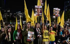 Family members of hostage Bar Kupershtein and Israelis celebrate his 2nd birthday in Hamas captivity at Hostage Square in Tel Aviv, April 1, 2025. (Avshalom Sassoni/Flash90)