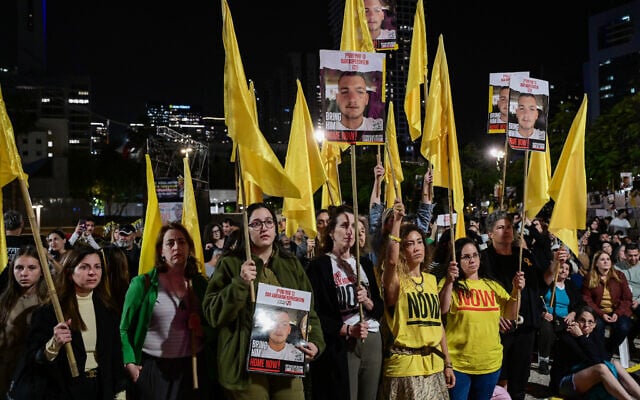 Family members of hostage Bar Kupershtein and Israelis celebrate his 2nd birthday in Hamas captivity at Hostage Square in Tel Aviv, April 1, 2025. (Avshalom Sassoni/Flash90)
