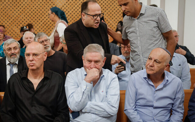 (From left): Major General (Res.) Noam Tibon, former Mossad chief Tamir Pardo, and former Shin Bet head Yoram Cohen listen as the High Court of Justice hears petitions against the firing of Shin Bet chief Ronen Bar in Jerusalem, April 8, 2025 (Yonatan Sindel/FLASH90)