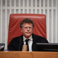 Supreme Court President Isaac Amit hears petitions at the High Court of Justice against the firing of Shin Bet chief Ronen Bar in Jerusalem, April 8, 2025 (Yonatan Sindel/FLASH90)