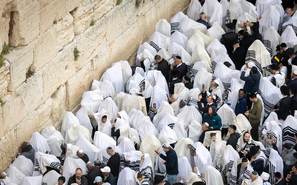 Jewish worshippers pray at the Western Wall, in Jerusalem's Old City, during the Cohen Benediction priestly blessing, April 15, 2025. (Chaim Goldberg/Flash90)