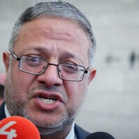 National Security Minister Itamar Ben Gvir outside a court hearing in Lod, April 15, 2025. (Jonathan Shaul/Flash90)