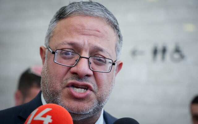 National Security Minister Itamar Ben Gvir outside a court hearing in Lod, April 15, 2025. (Jonathan Shaul/Flash90)