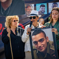 Families of Israelis held hostage by Hamas terrorists in Gaza protest for their release near the Israeli border with Gaza, April 20, 2025. (Erik Marmor/Flash90)