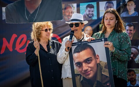 Families of Israelis held hostage by Hamas terrorists in Gaza protest for their release near the Israeli border with Gaza, April 20, 2025. (Erik Marmor/Flash90)
