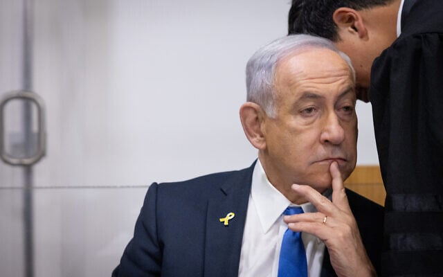 Prime Minister Benjamin Netanyahu is seen at the Tel Aviv District Court for the ongoing corruption trial against him, on April 22, 2025. (Miriam Alster/Flash90)