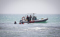 Search and rescue teams search for a diver who went missing after he was attacked by sharks near the beach in Hadera, April 22, 2025. (Tal Gal/FLASH90)
