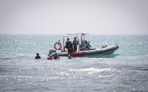 Search and rescue teams search for a diver who went missing after he was attacked by sharks near the beach in Hadera, April 22, 2025. (Tal Gal/FLASH90)