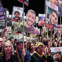A rally calling for the release of Israelis held hostage by Hamas terrorists in Gaza, at Hostages Square in Tel Aviv, April 26, 2025. (Avshalom Sassoni/Flash90)