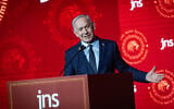 Prime Minister Benjamin Netanyahu speaks at the Jewish News Syndicate conference in Jerusalem, on April 27, 2025. (Yonatan Sindel/Flash90)