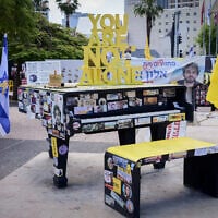 An exhibit referring to the plight of the hostages held in Gaza at Hostages Square in Tel Aviv on April 28, 2025, as the family of hostage Alon Ohel holds a press conference there. (Avshalom Sassoni/Flash90)