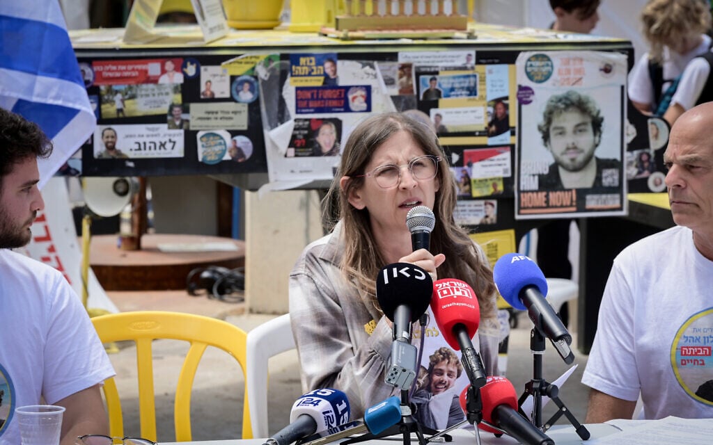 The family of Israeli hostage Alon Ohel hold a press conference at Hostage Square in Tel Aviv on April 28, 2025 (Avshalom Sassoni/Flash90)