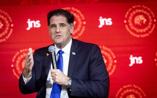 Strategic Affairs Minister Ron Dermer speaks at the Jewish News Syndicate conference in Jerusalem, April 28, 2025. (Chaim Goldberg/Flash90) Strategic Affairs Minister Ron Dermer speaks at the Jewish News Syndicate conference in Jerusalem, April 28, 2025. (Chaim Goldberg/Flash90)