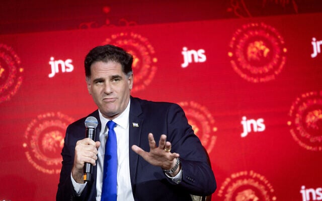 Strategic Affairs Minister Ron Dermer speaks at the Jewish News Syndicate conference in Jerusalem, April 28, 2025. (Chaim Goldberg/Flash90) Strategic Affairs Minister Ron Dermer speaks at the Jewish News Syndicate conference in Jerusalem, April 28, 2025. (Chaim Goldberg/Flash90)