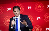 Strategic Affairs Minister Ron Dermer speaks at the Jewish News Syndicate conference in Jerusalem, April 28, 2025. (Chaim Goldberg/Flash90)