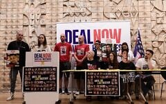 Former hostages hold a press conference in Tel Aviv,  April 28, 2025. (Tomer Neuberg/ Flash90)