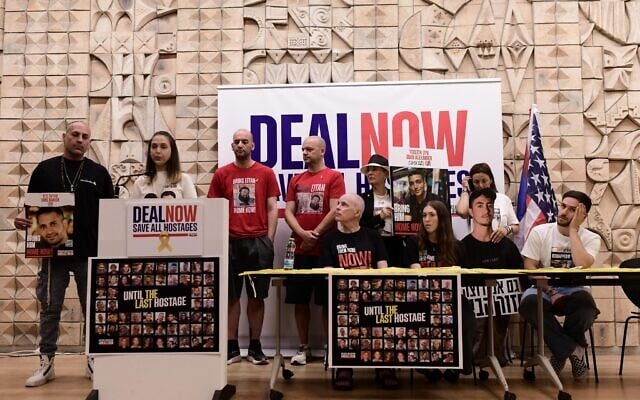 Former hostages hold a press conference in Tel Aviv,  April 28, 2025. (Tomer Neuberg/ Flash90)