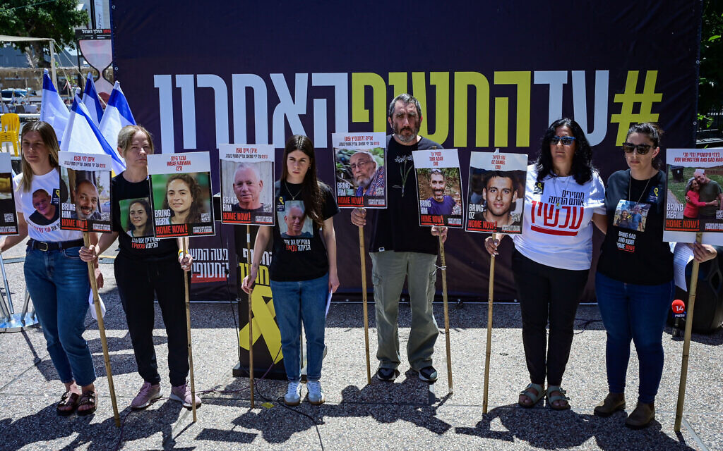 Families of Israelis held hostage in Gaza hold a press conference at Hostage Square in Tel Aviv on April 29, 2025. (Avshalom Sassoni/Flash90)