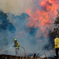 Firefighters try to extinguish a fire that broke out near Mesilat Zion, April 30, 2025. (Noam Revkin Fenton/Flash90)