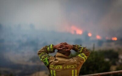 View of a massive wildfire near Mevo Horon, April 30, 2025. (Yonatan Sindel/Flash90)