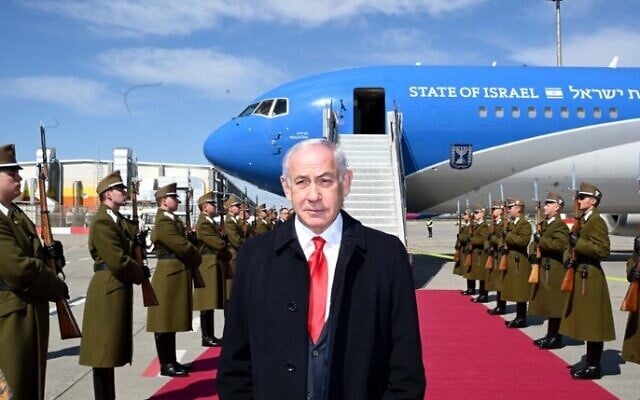 Prime Minister Benjamin Netanyahu gives a statement as he prepares to board a plane in Budapest for Washington DC on April 6, 2025 (GPO)