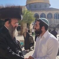 MK Zvi Sukkot, right, visits the Temple Mount, April 17, 2025. (Temple Mount Administration/courtesy)