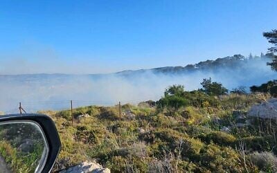 Smoke billows from a fire in the Jerusalem Hills, near the city of Beit Shemesh, apparently as a result of interceptor shrapnel following a missile attack by Yemen's Iran-backed Houthi rebels, April 18, 2025. (Israel Police)
