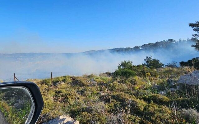 Smoke billows from a fire in the Jerusalem Hills, near the city of Beit Shemesh, apparently as a result of interceptor shrapnel following a missile attack by Yemen's Iran-backed Houthi rebels, April 18, 2025. (Israel Police)